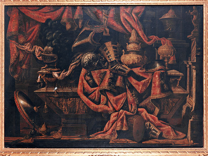 Anonimo — Fieravino Francesco (il Maltese) - sec. XVII - Natura morta con tappeto, pezzi di armatura e oggetti metallici — insieme